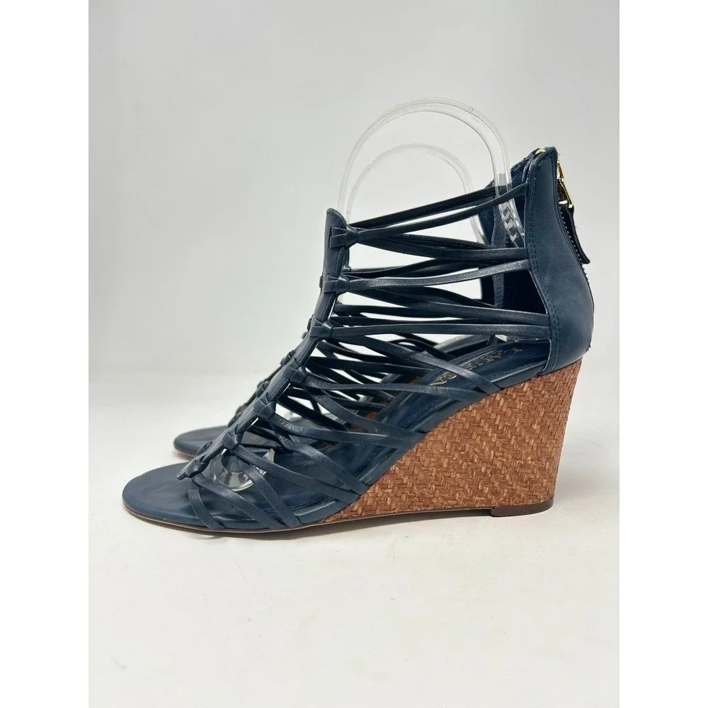 Lauren Ralph Lauren Wedge Alexandrea Gladiator Sandals Shoes 7B Navy‎ Zip Back